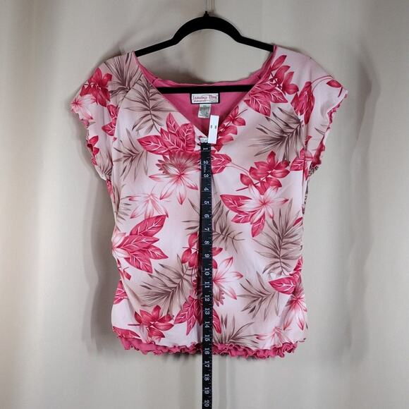 Jamaica Bay Vintage Y2K Petite Pink Floral Ruffle Short Sleeve Coastal Blouse - Picture 3 of 8